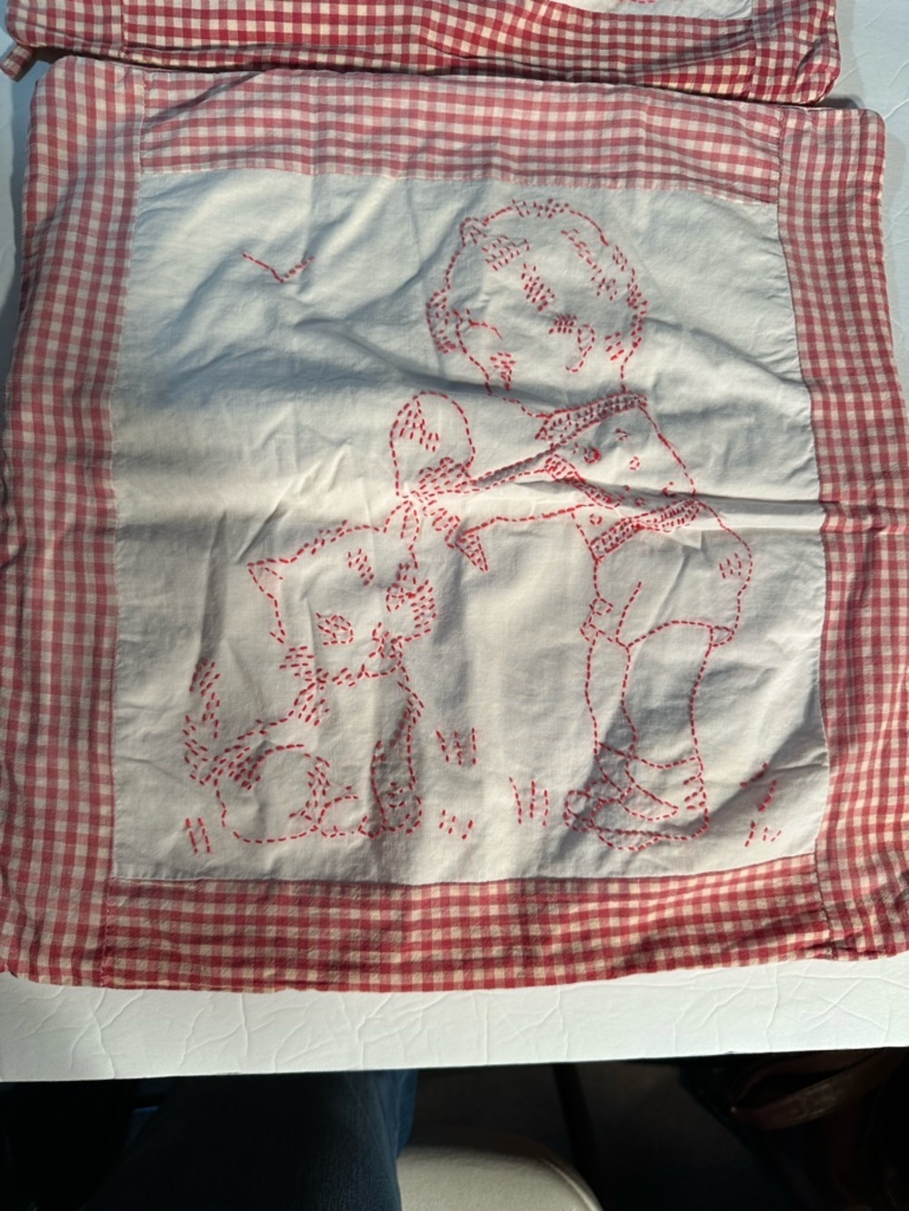 Vtg Redwork Embroidered Pillow Cases Red/White Checkered Gingham Border Girl Boy - Picture 3 of 8